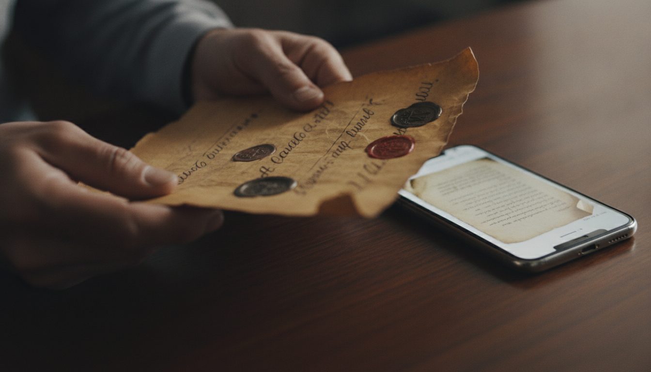Hands holding a vintage property deed and a modern smartphone.