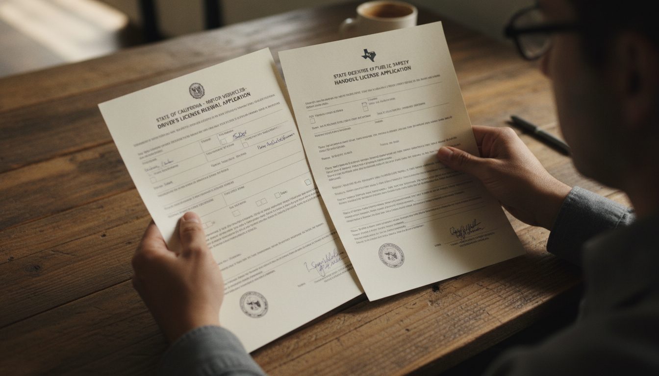 A person comparing two different state-issued documents to track child support payments across state lines.