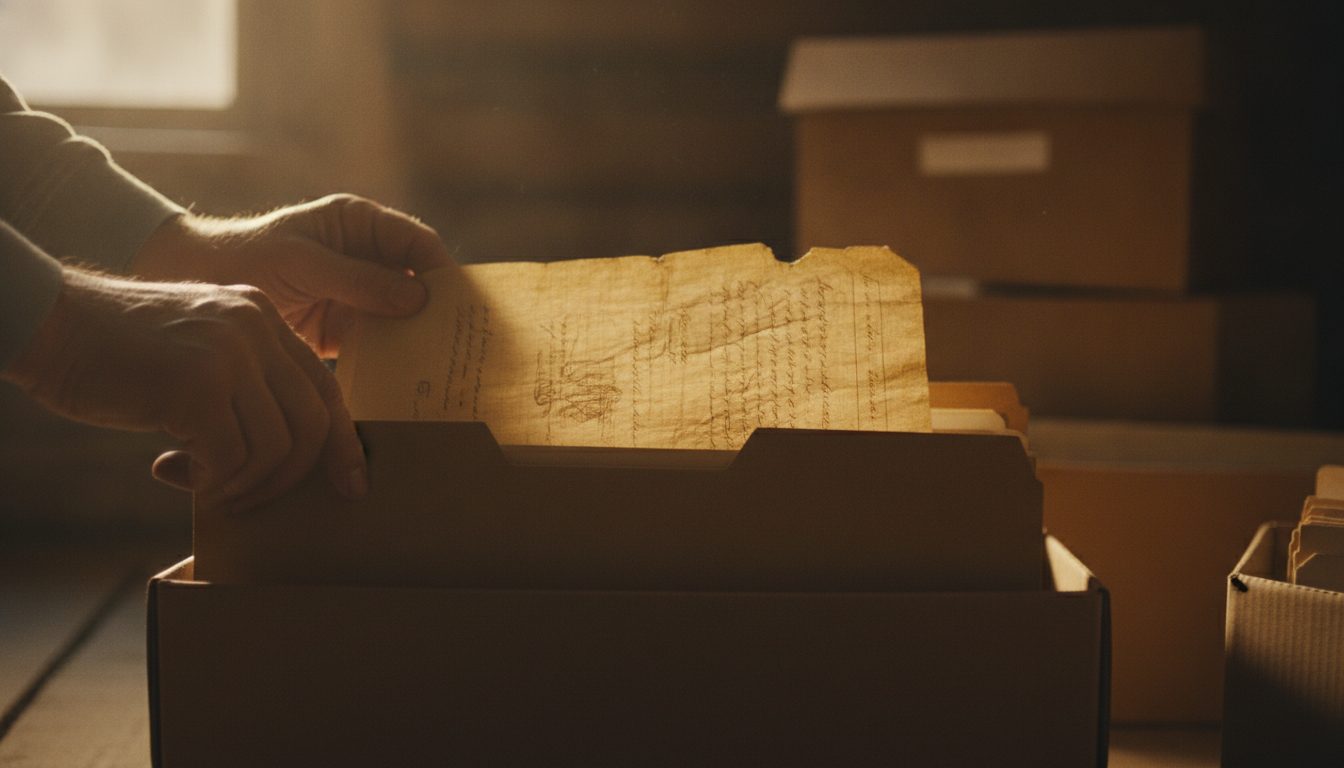 Hands discovering a long-forgotten document in a storage box
