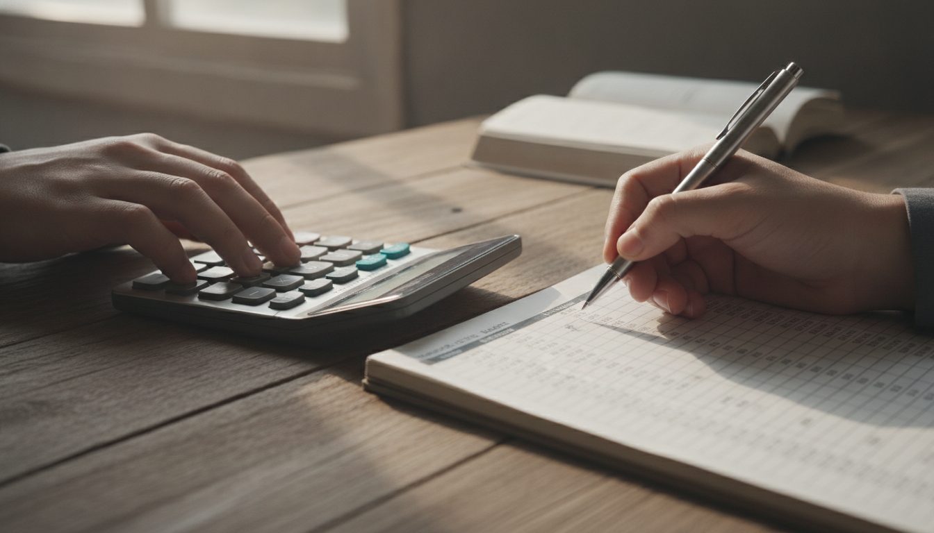 A person calculating interest rates and reviewing financial records.