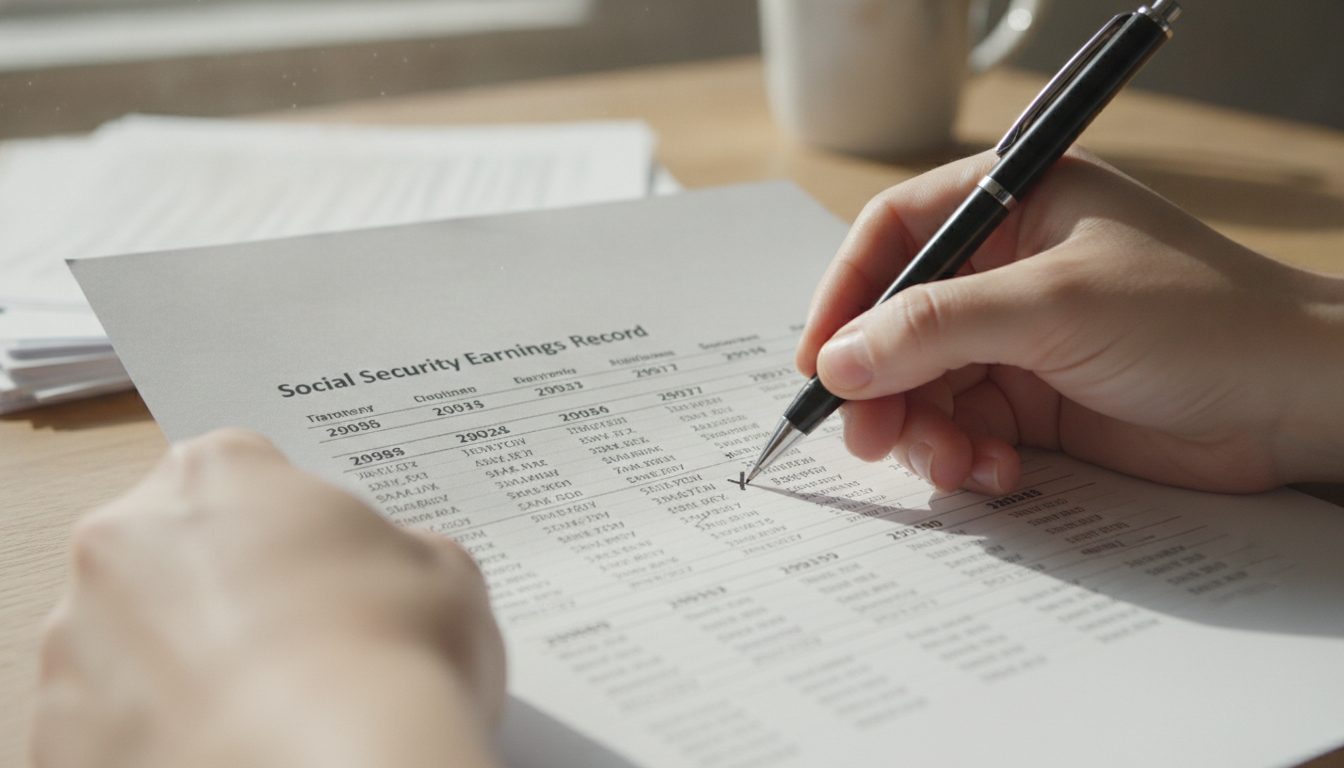 A person auditing their employment history using a Social Security earnings record to find lost retirement plans.