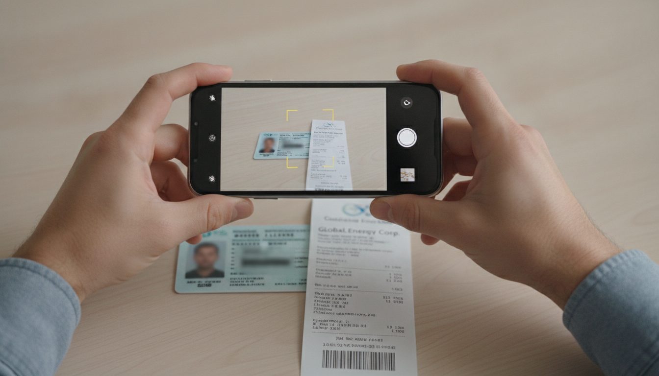 A person taking a photo of their ID and a utility bill to upload for a claim.