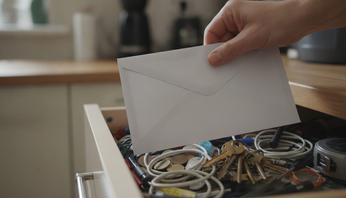 A person finding a forgotten piece of mail in a drawer.