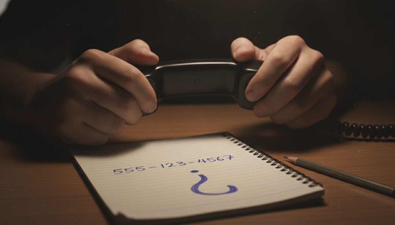 Hands holding a phone receiver next to a notepad with a question mark.