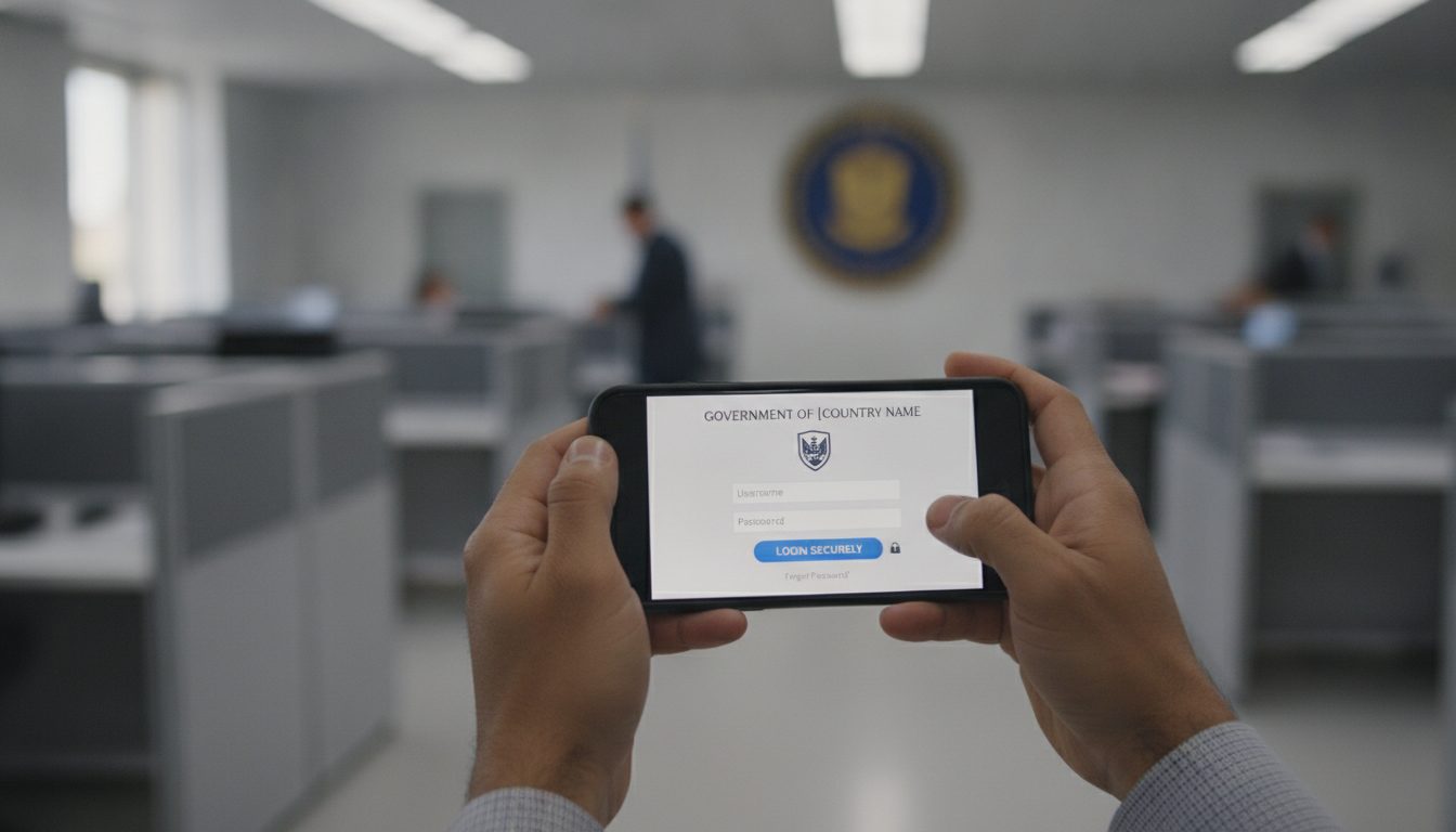 Hands holding a smartphone showing a secure government portal login.