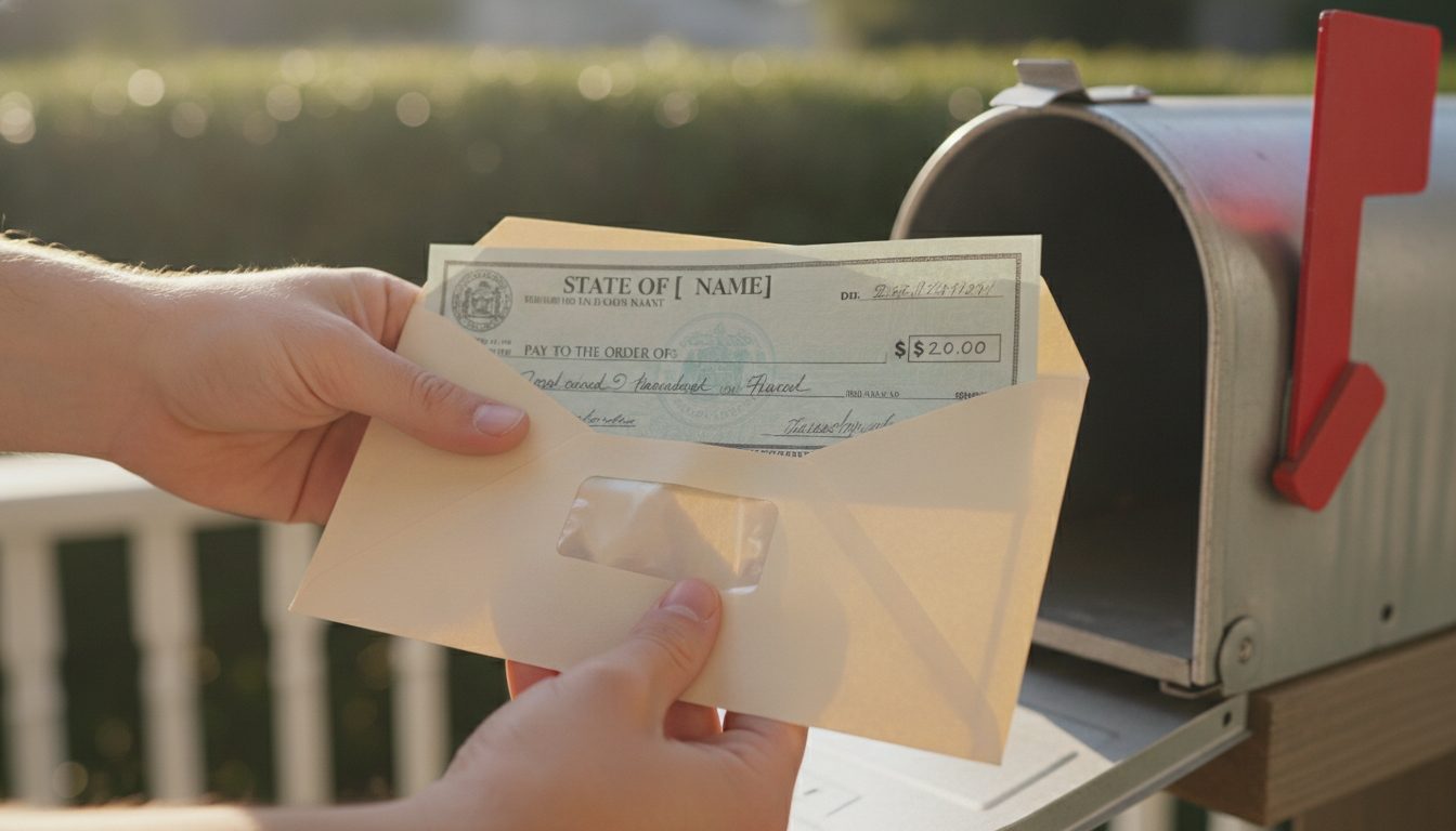 A resident holding an unclaimed property check they just received in the mail.