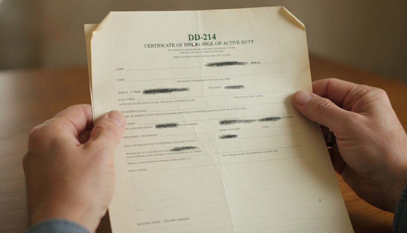 Hands holding an official military discharge document (DD-214).