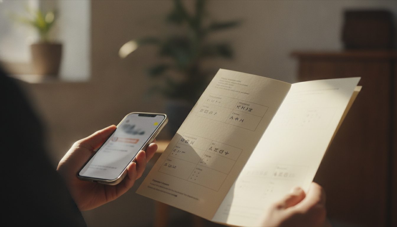 A person's hands holding a phone and an official document to verify a message.