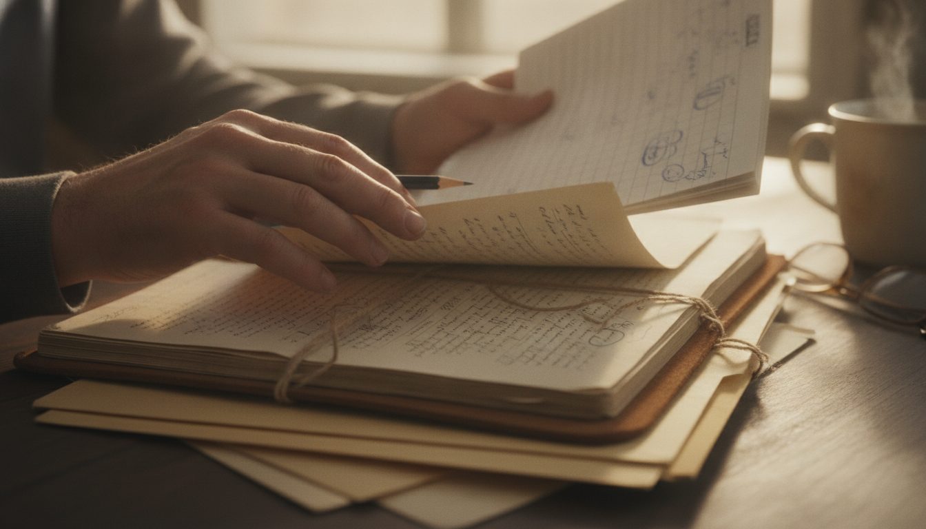 Hands leafing through old property records and comparing them with handwritten notes.