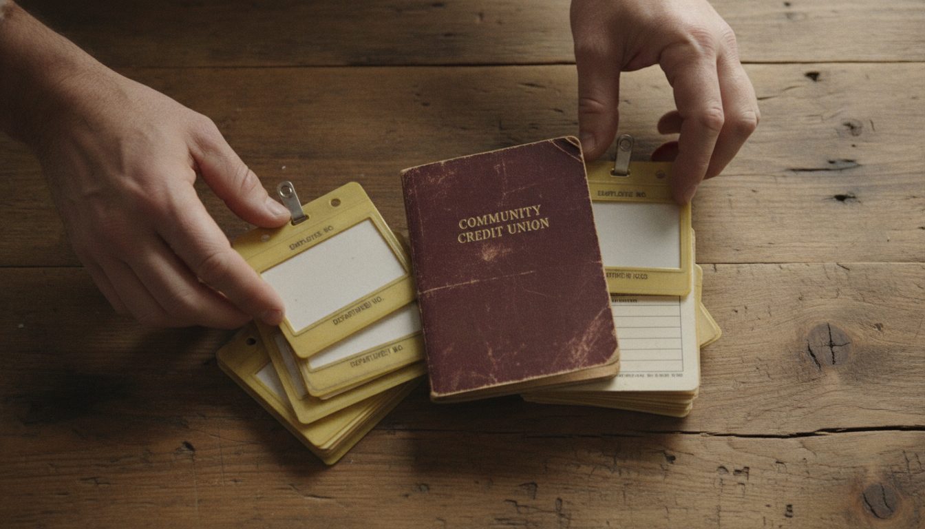 A person's hands reviewing identification cards and a passbook from past employers.