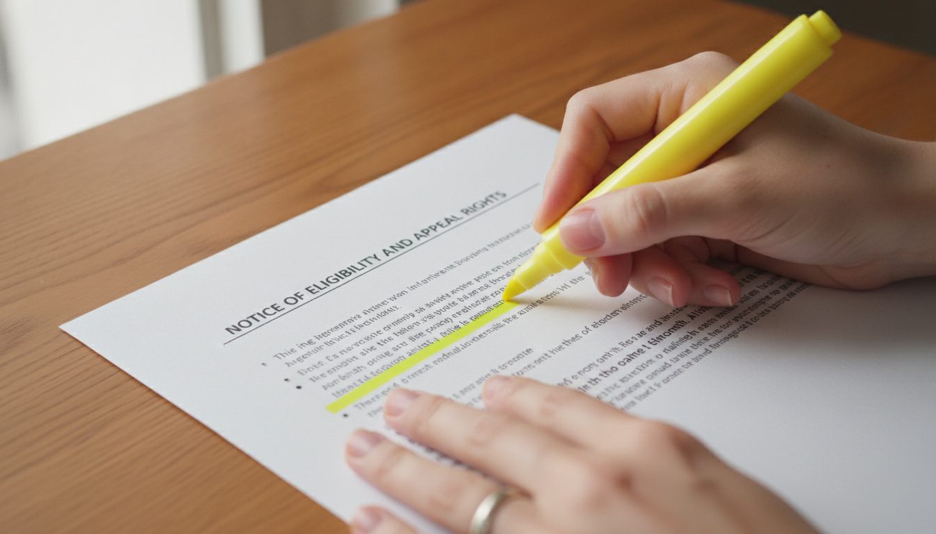 A person highlighting an official disaster assistance eligibility document.
