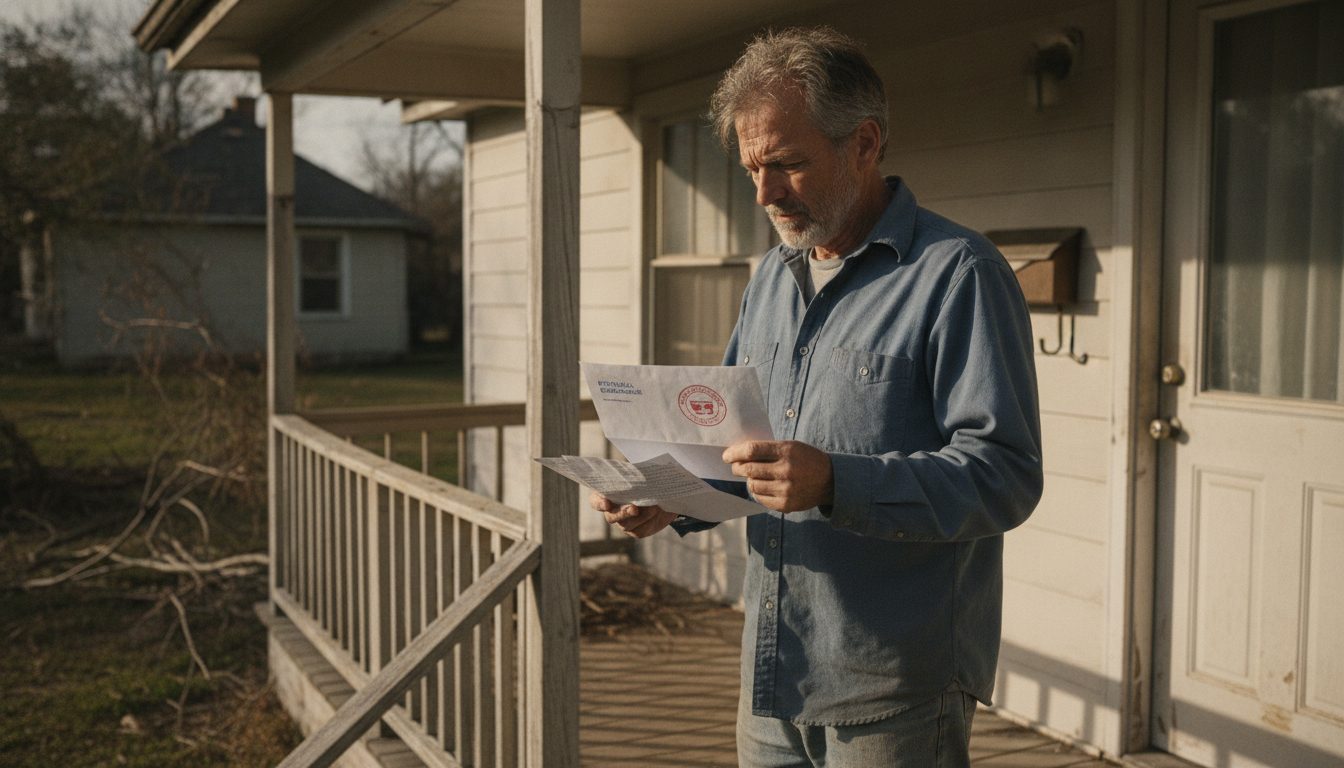 A homeowner holding an official government letter on his front porch.