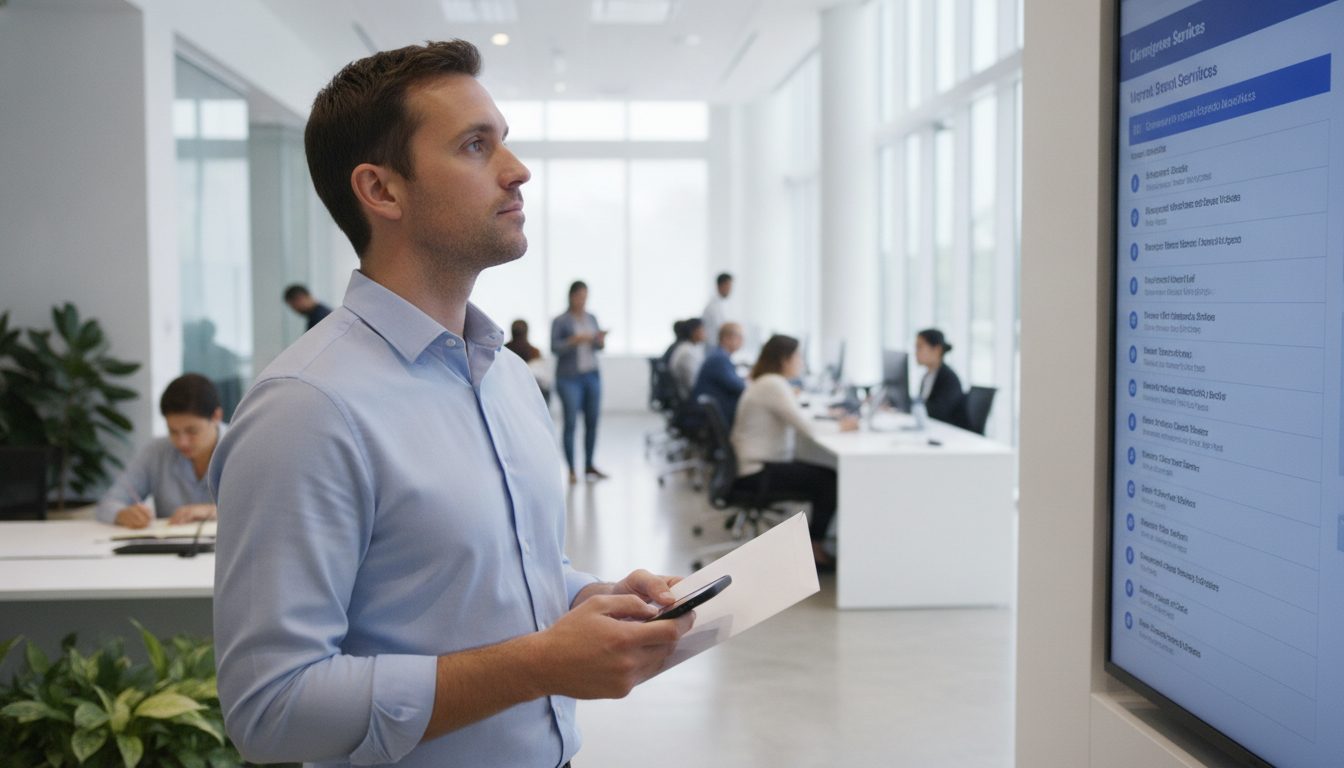A person holding a smartphone and a government envelope in a government office lobby.