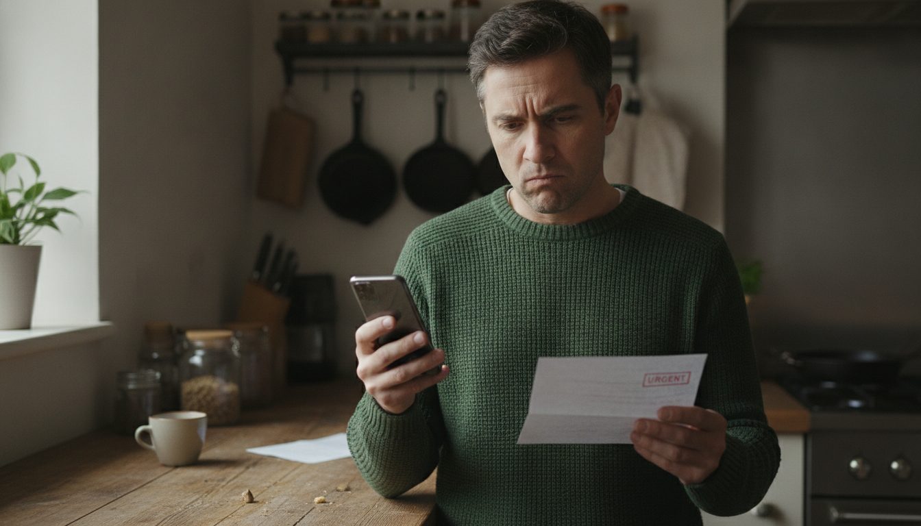Person skeptically comparing a smartphone message with a piece of mail in a kitchen.