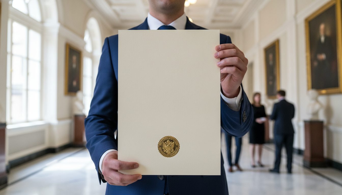 A person holding official verification documents in a government office hallway.