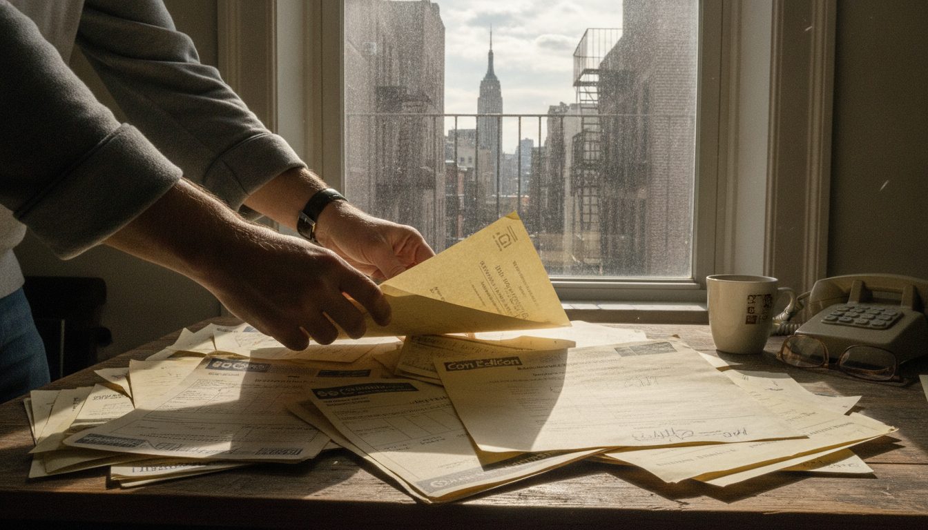 A person in a New York apartment reviewing old utility bills and lease documents.
