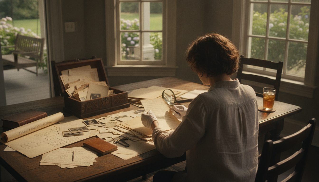 A person reviewing old family documents in a home setting.