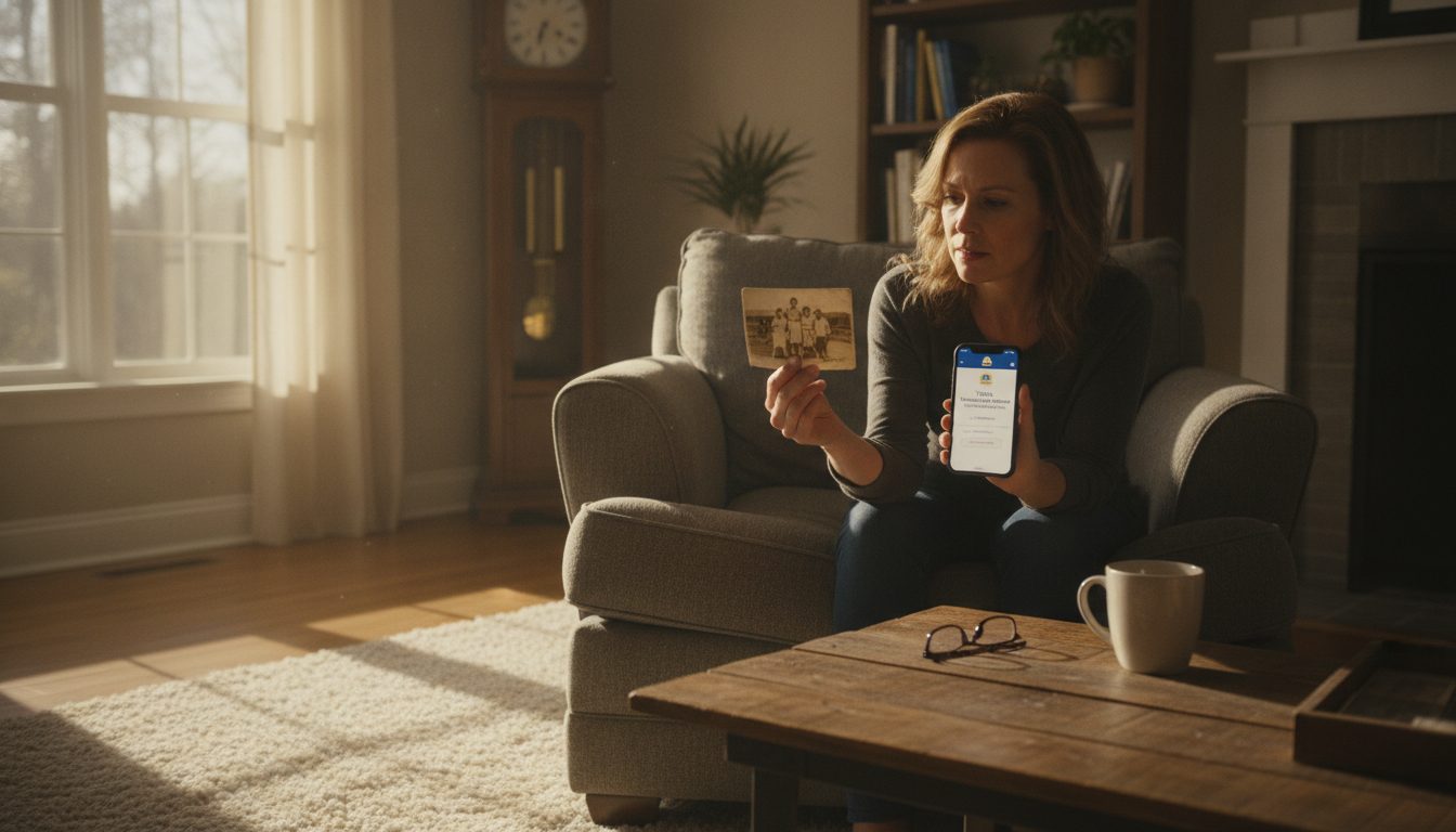 A person searching for a deceased relative's unclaimed property on a smartphone.