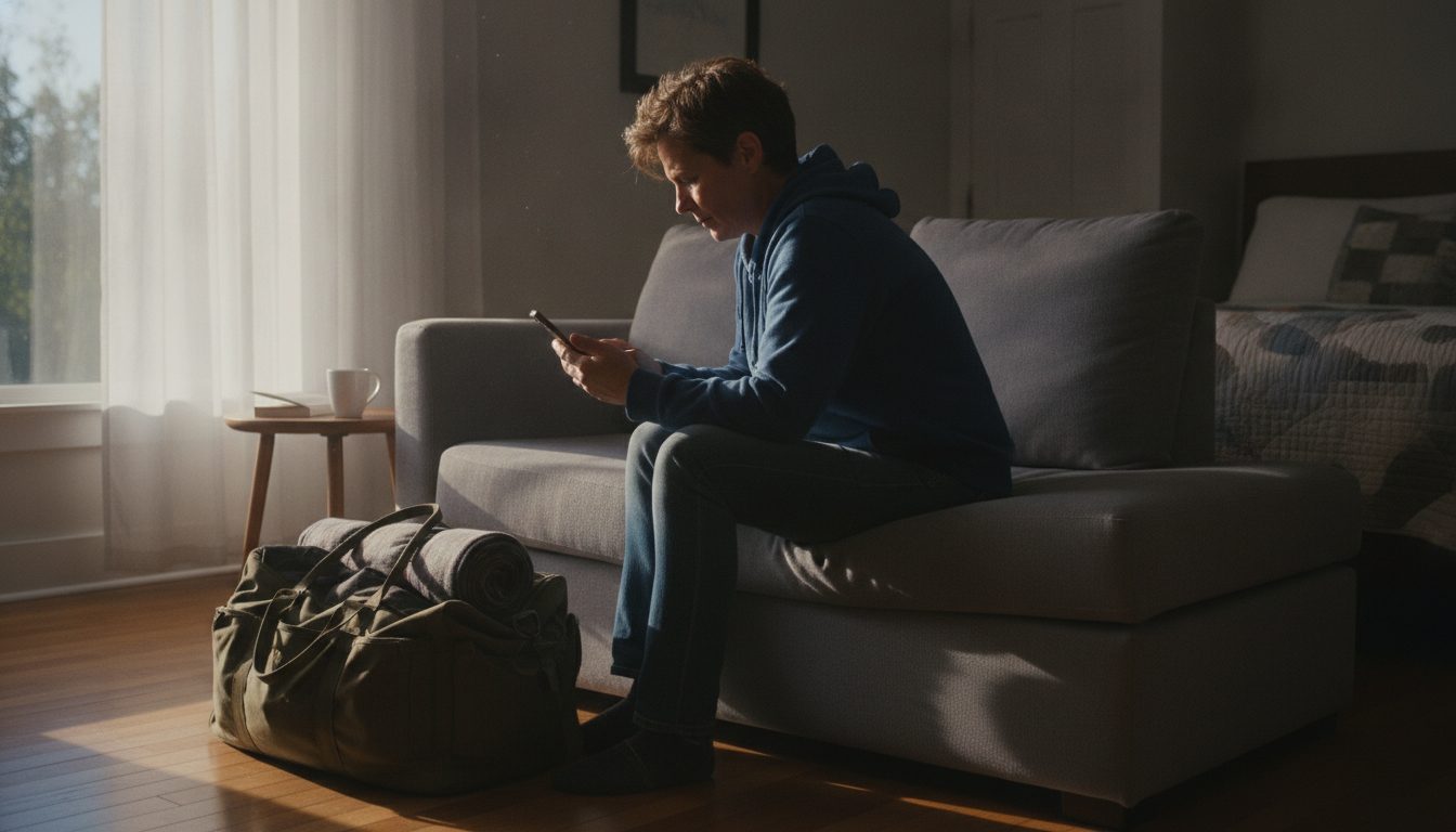 A displaced survivor checking their phone while staying in temporary housing.
