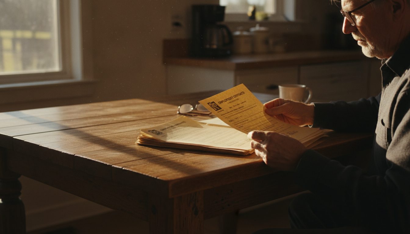 An older person reviewing faded employment contracts from decades ago at a kitchen table.