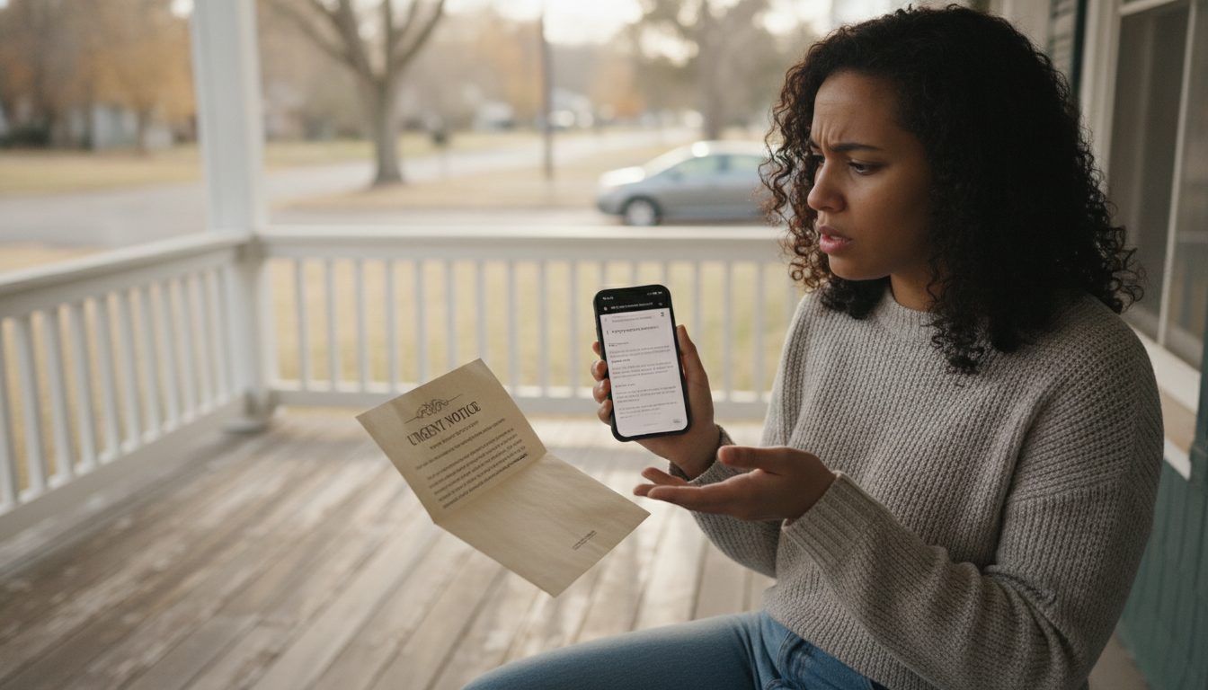 A person cautiously inspecting a piece of mail on their porch.