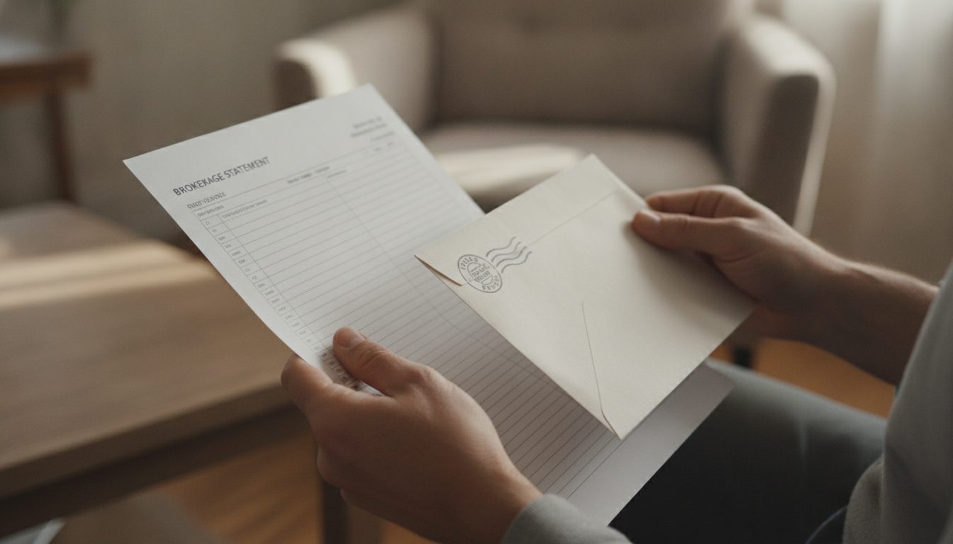 A person holding a brokerage statement and a returned mail envelope.