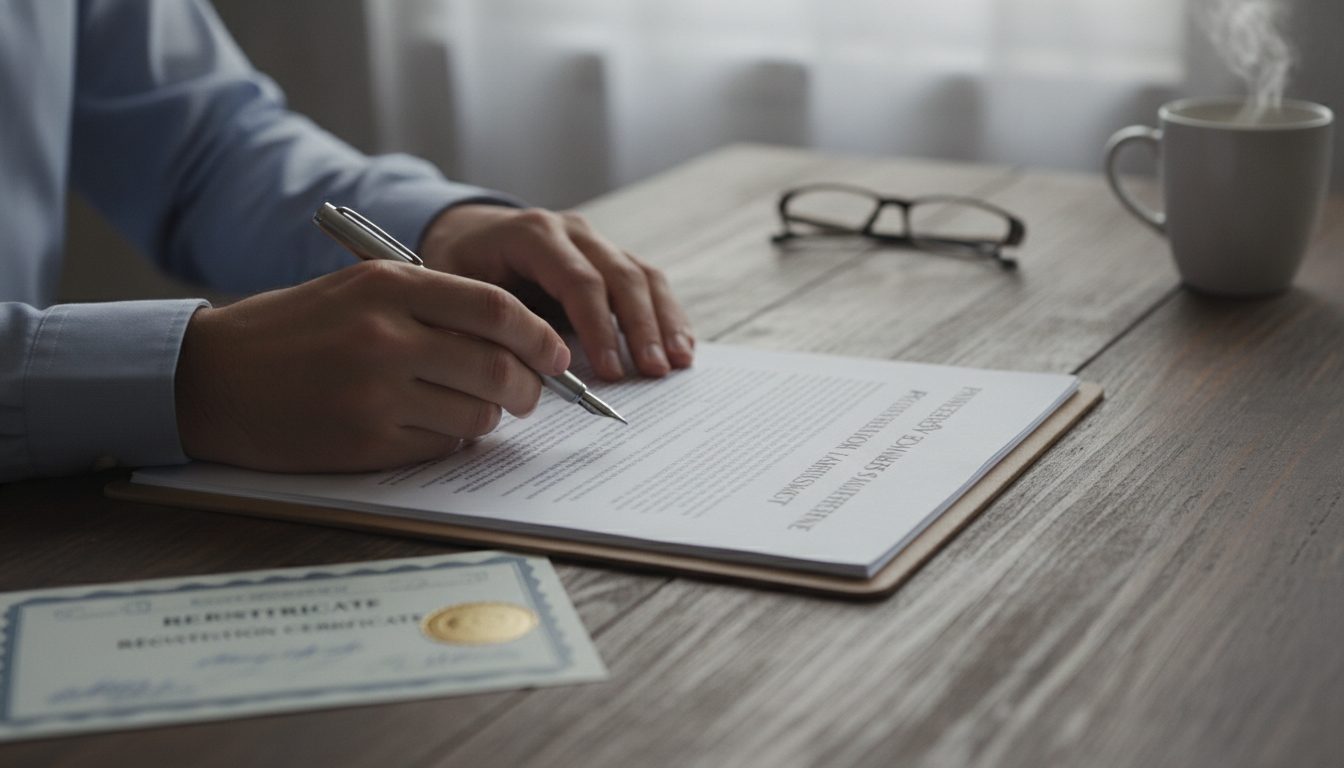A person verifying the registration and contract terms of a professional property finder.