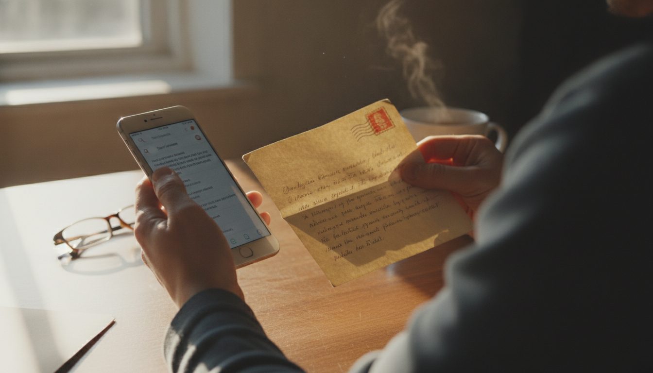 A person using their phone to search for unclaimed property while checking an old document for previous names or addresses.