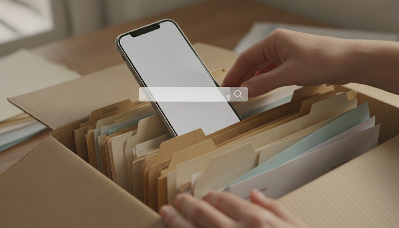 A person searching through old files for information on missing stock assets.