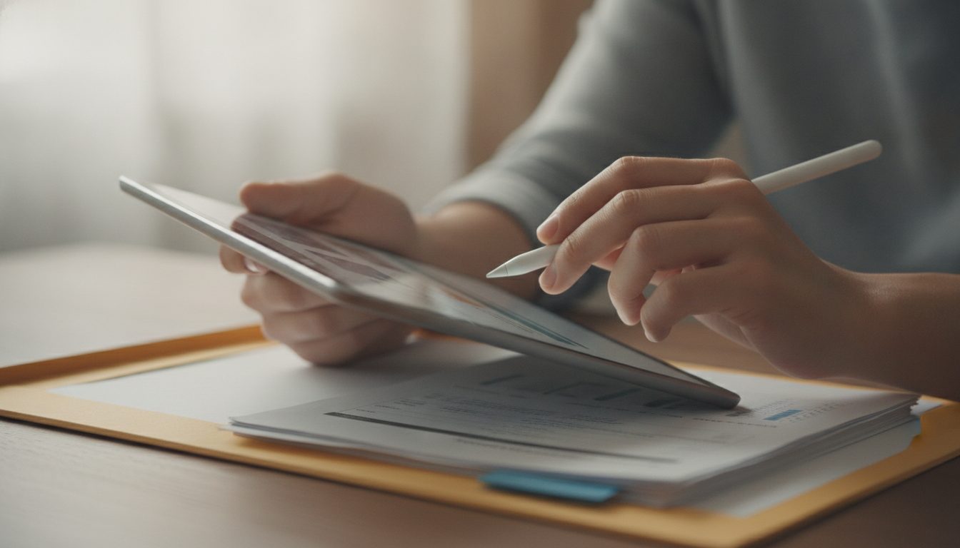 A person using a tablet to access an online registry while referencing their service records.