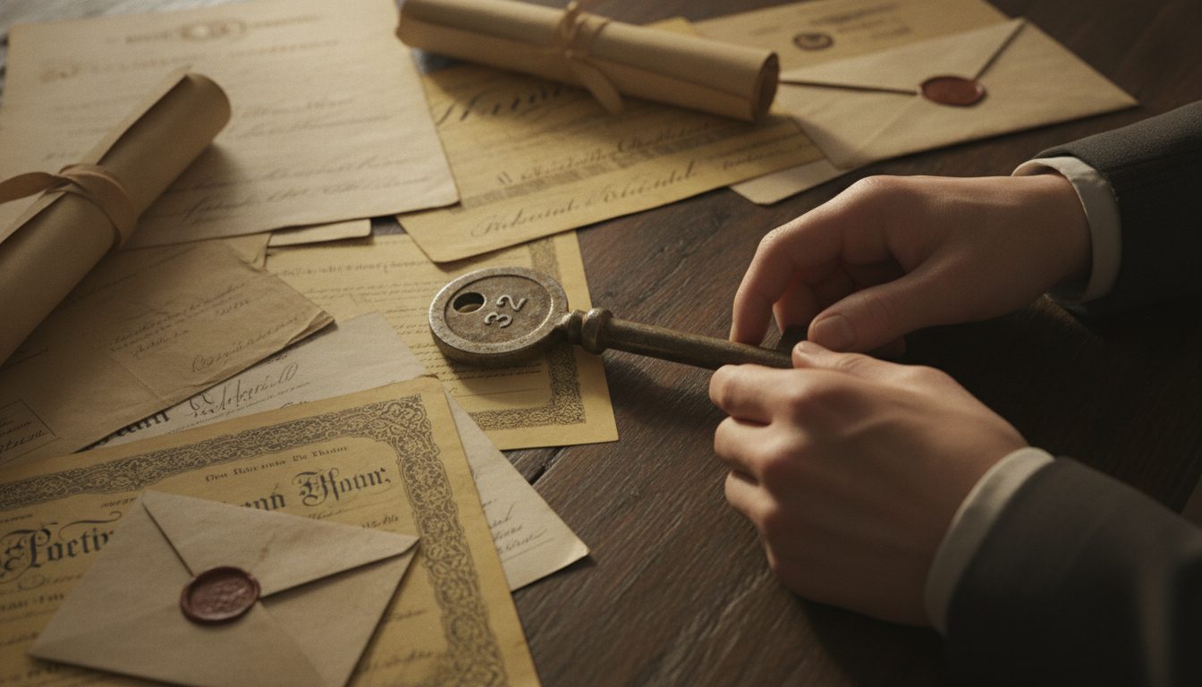 A person holding a safety deposit box key over old financial documents.