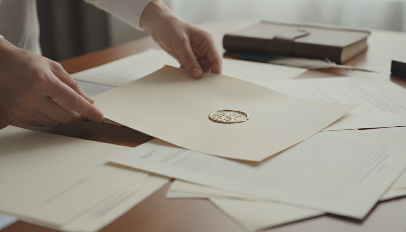 A person organizing a paper trail of documents to file a stock claim.