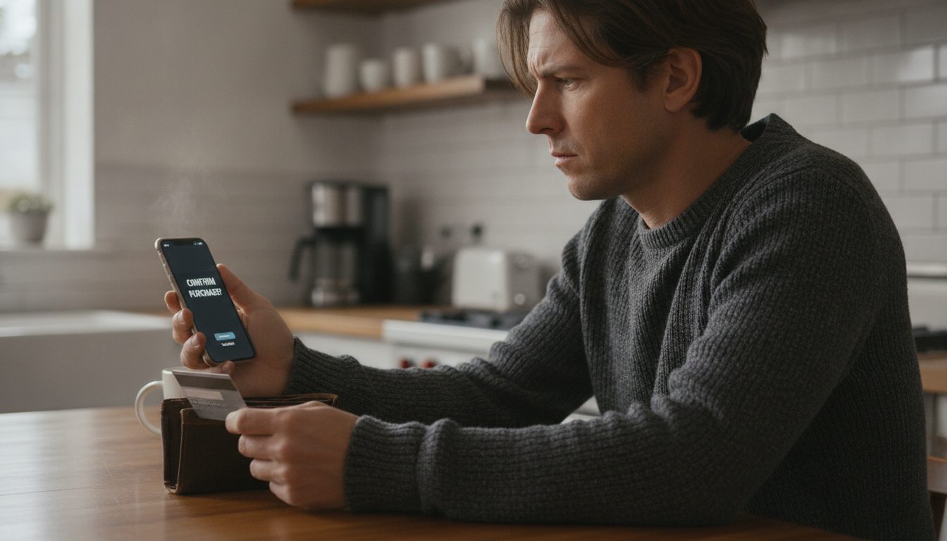 A person looking skeptically at a smartphone while holding a payment card.