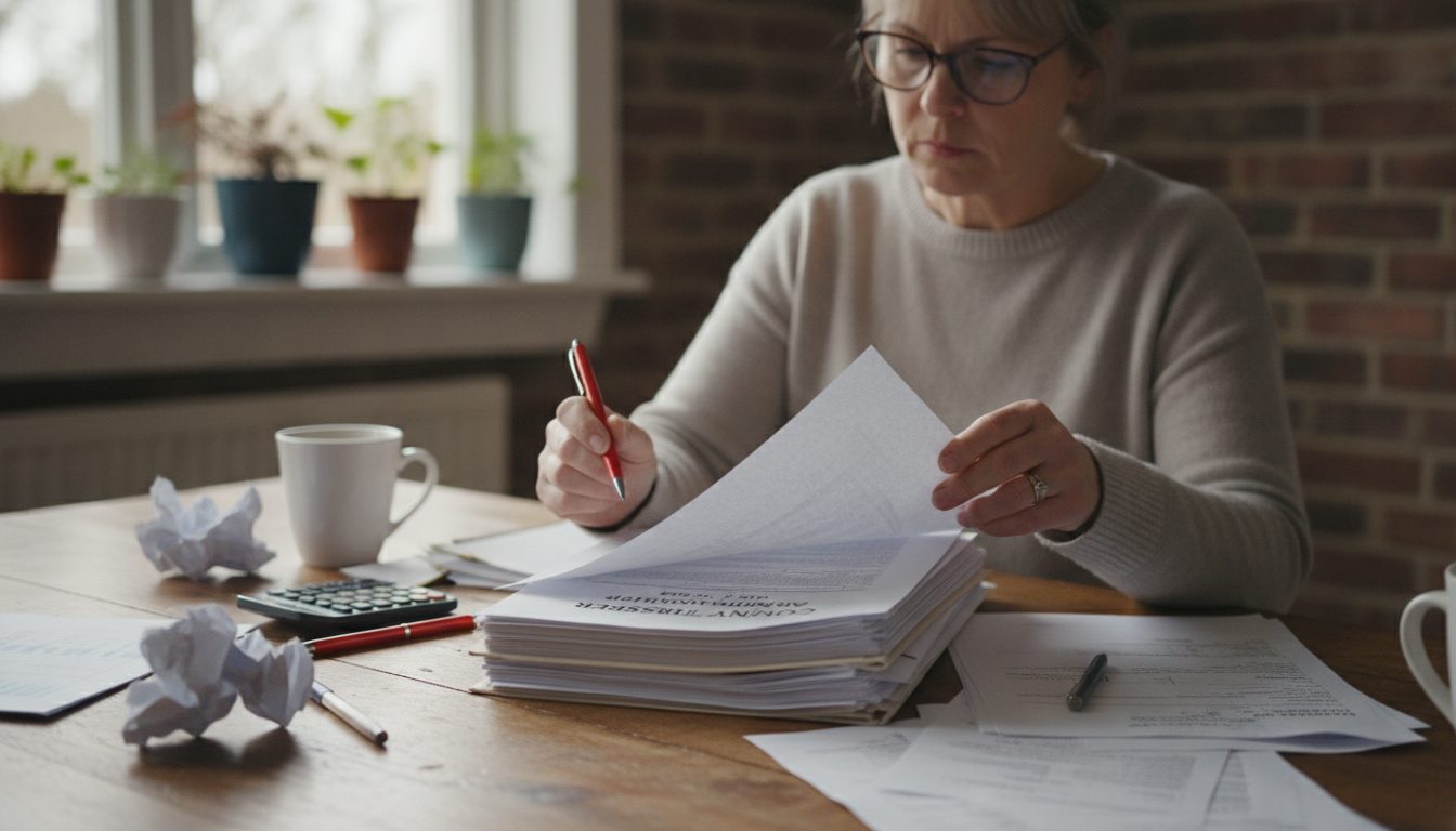A person reviewing County Treasurer documents at a kitchen table.