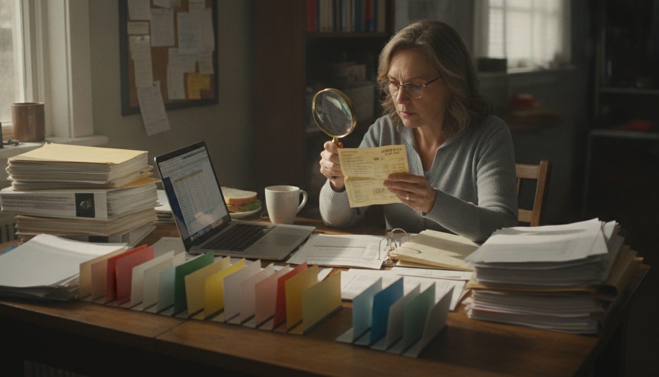 A person organizing old documents at a table.
