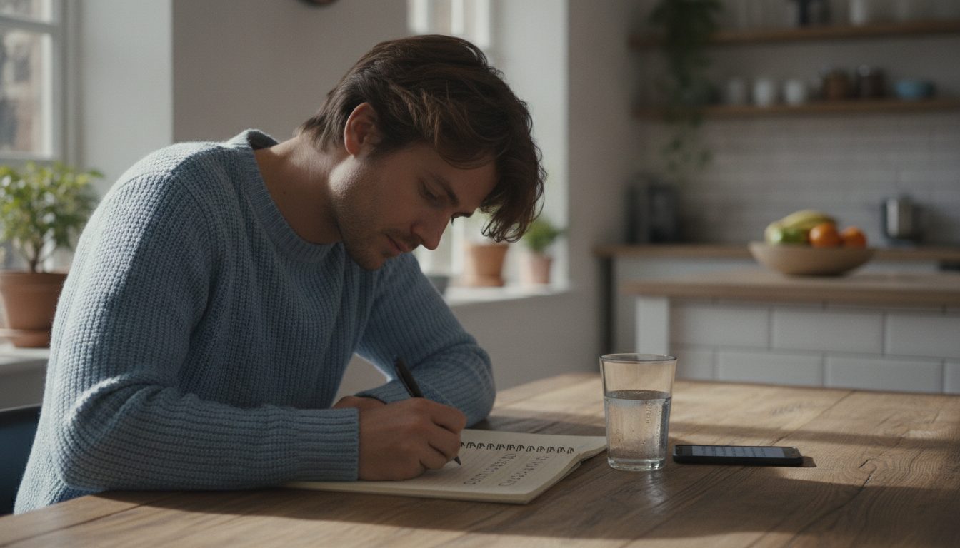 A person recording their claim number on a notepad in a home setting.