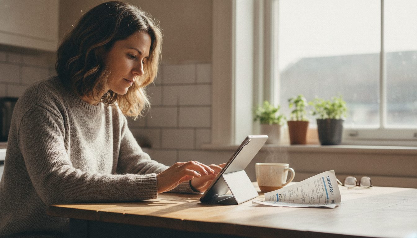 A person using a tablet to search for unclaimed property while referencing old bills.