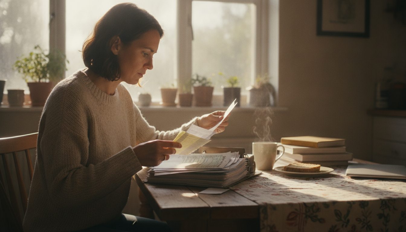 A person reviewing old employment documents and tax forms at a table.
