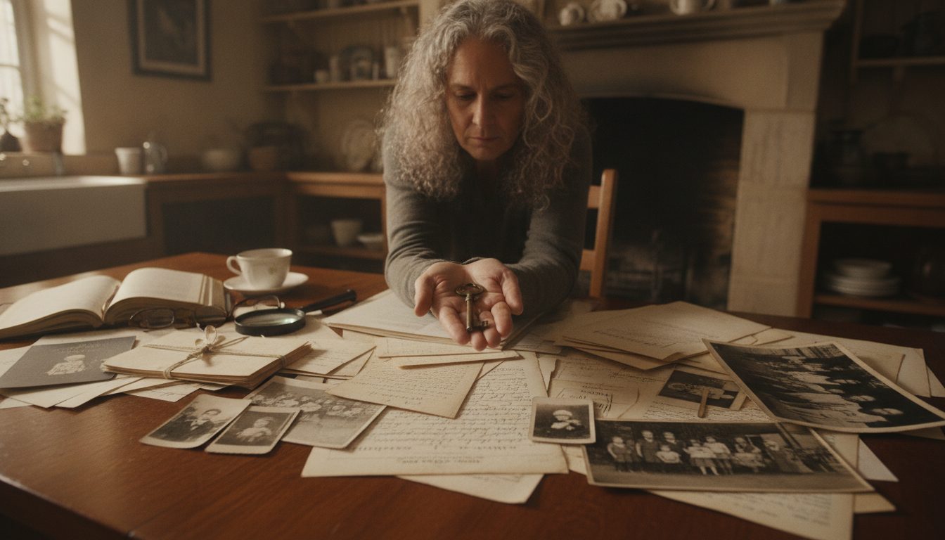 A person holding an old safe deposit box key while researching family records at a table.