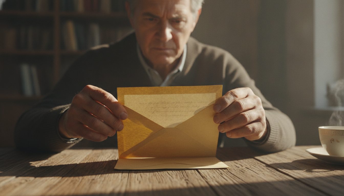 A person unfolding an old envelope at a wooden table.