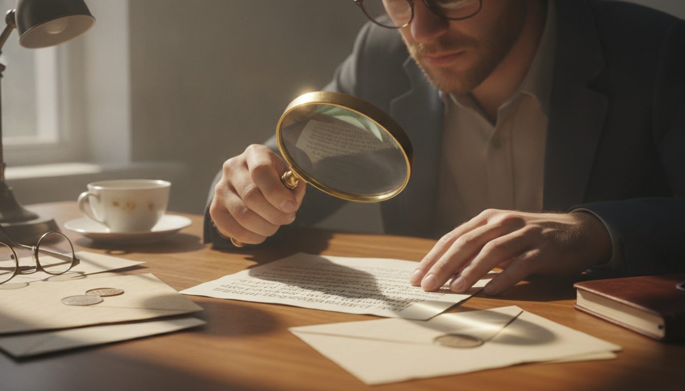 A person using a magnifying glass to inspect a suspicious letter for signs of a scam.