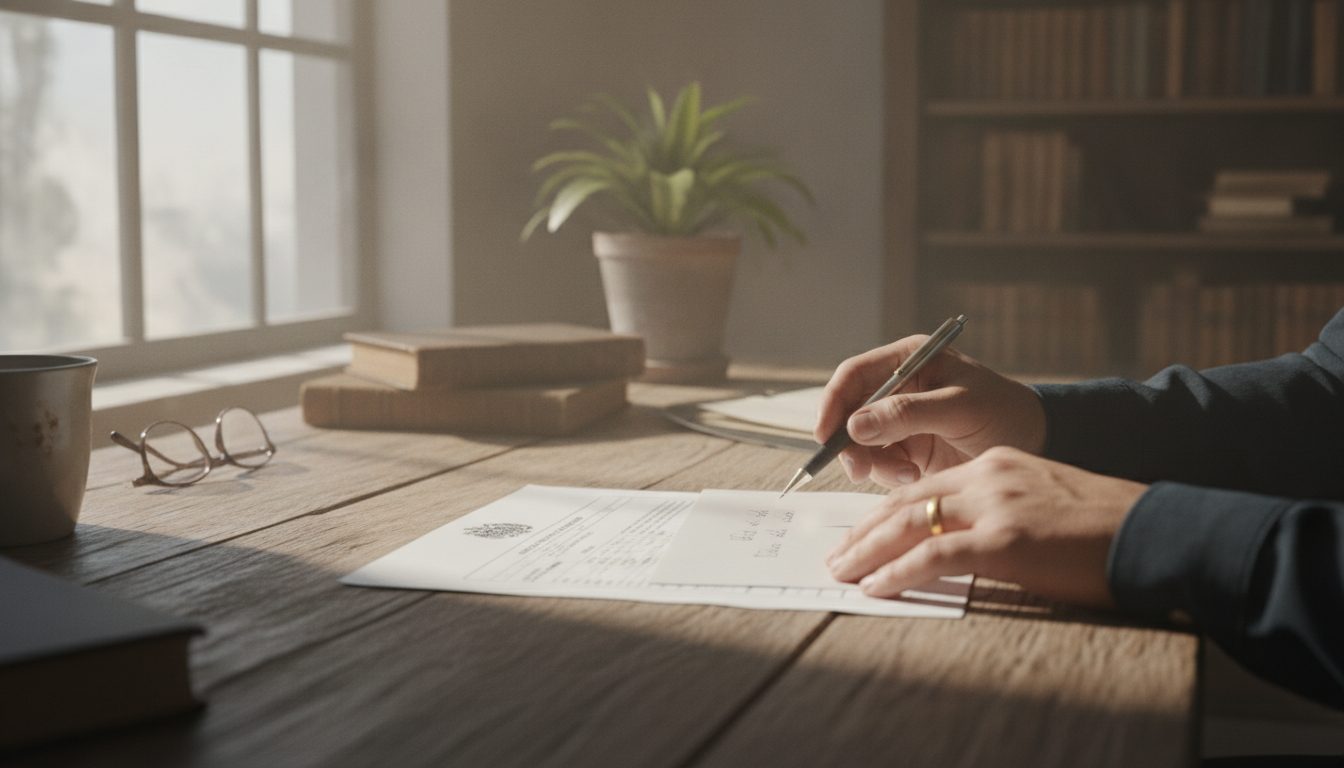 A person double-checking the address on a white envelope at a desk.