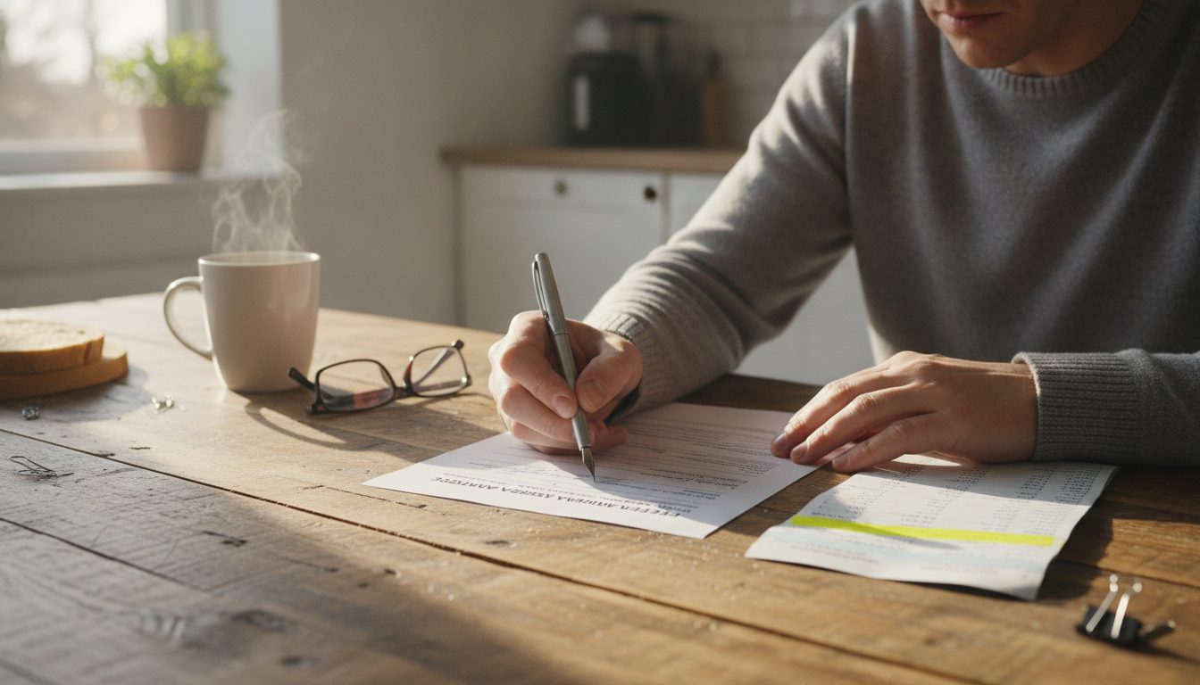 A person filling out a government form next to a highlighted bank statement.