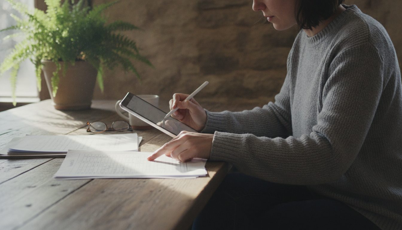 A person using a tablet and a paper document to search an online database.