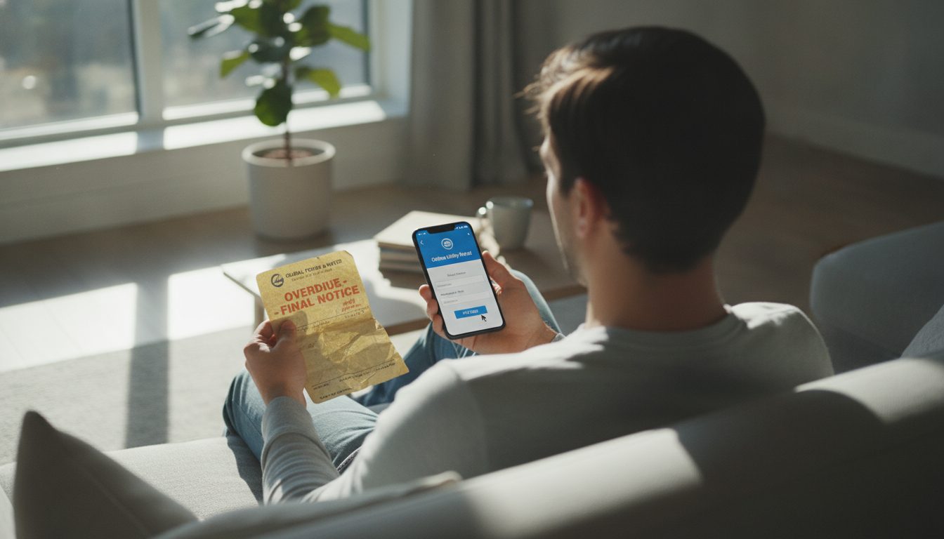 A person using a smartphone to search for unclaimed property while referencing an old utility bill for a previous address.