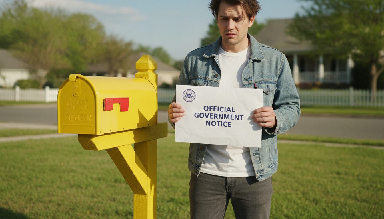A person holding an official government check envelope next to a mailbox.