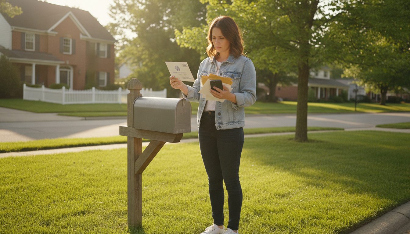A person checking a smartphone and mail by a mailbox.
