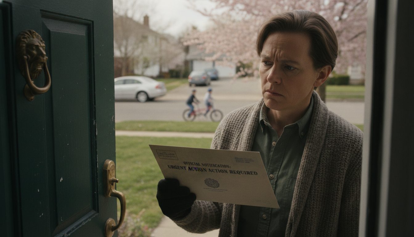 A person skeptically examining a letter at their front door.