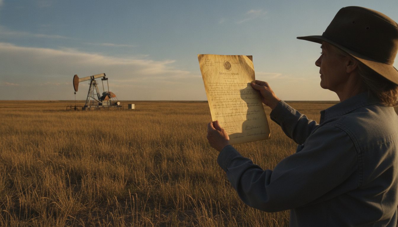 Person in a field holding an old deed looking at a distant oil well.
