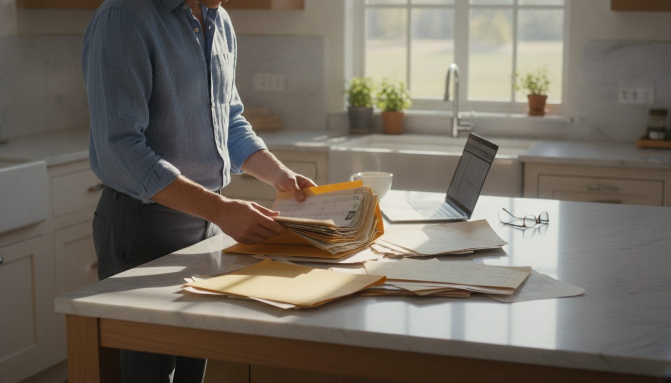 A person auditing their personal financial records and old documents.